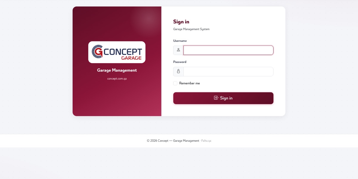 لقطة من كراج كونسبت — نظام إدارة — قطاع السيارات، كما يظهر على concept.com.qa